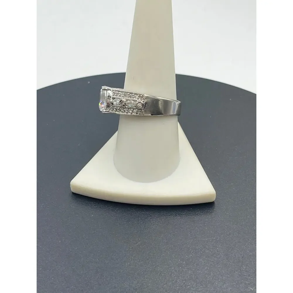 PP Signed 925 Sterling Silver Large Round CZ Engagement Promise Ring Sz‎ 9.5